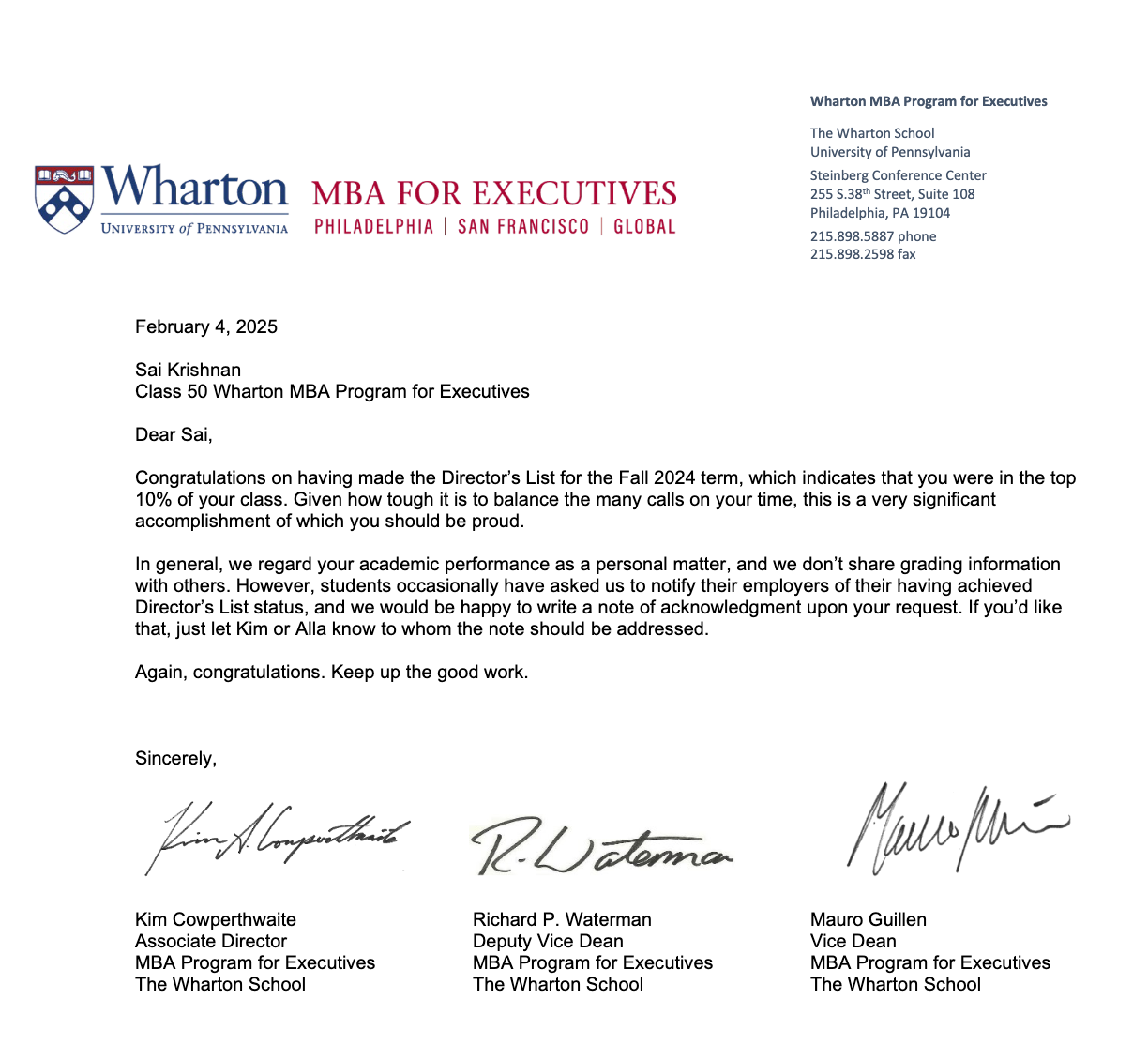 Wharton Director&rsquo;s List letter, Fall 2024