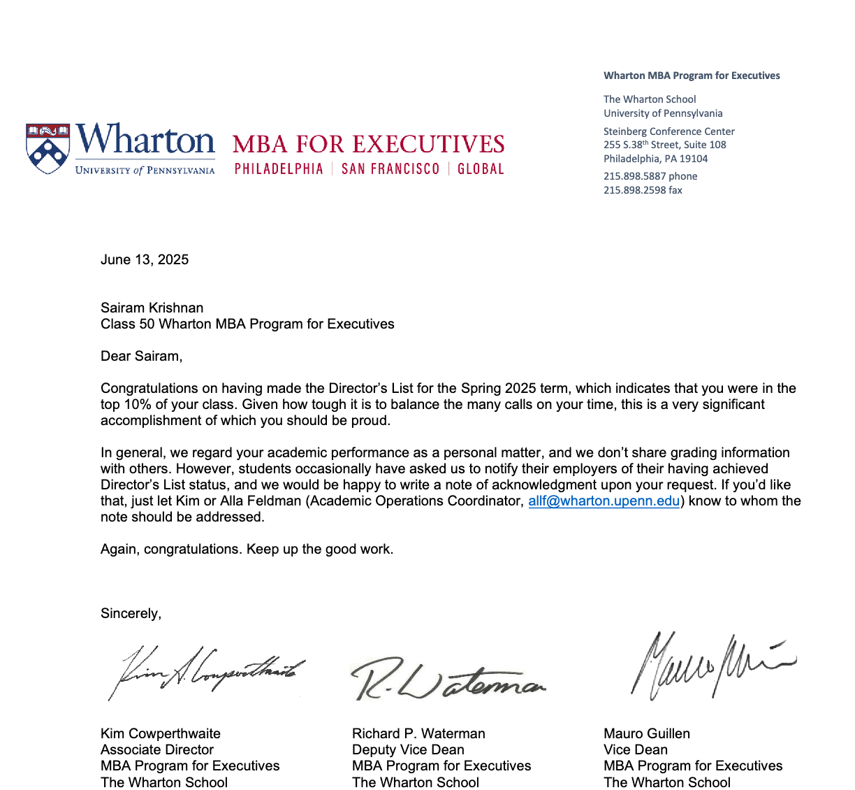 Wharton Director&rsquo;s List letter, Spring 2025