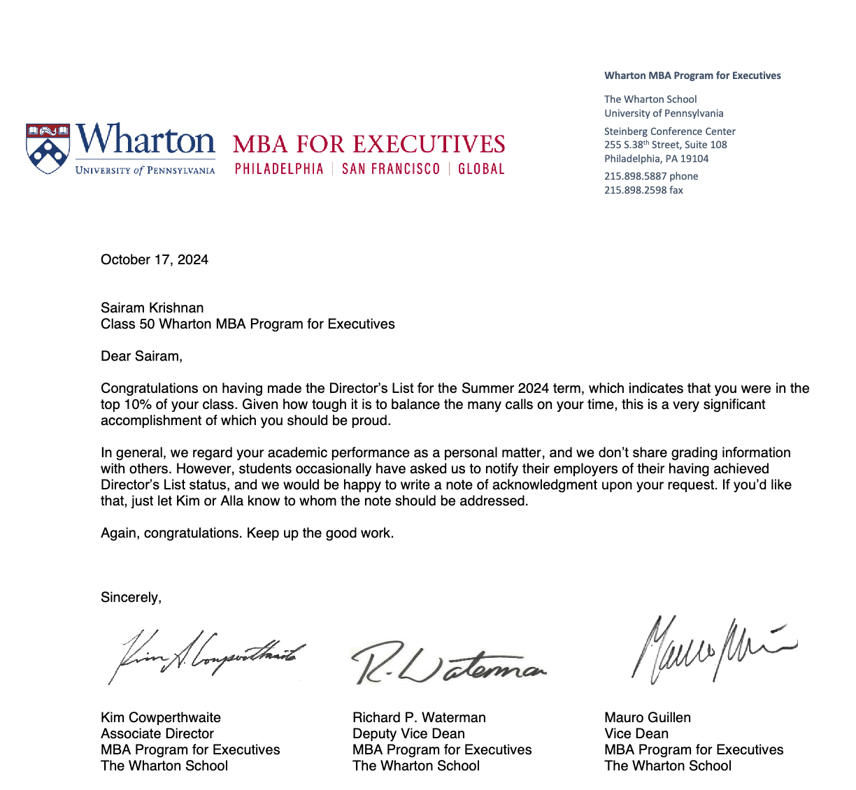 Wharton Director&rsquo;s List letter, Summer 2024