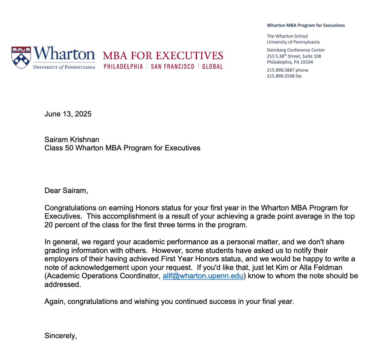 Wharton First Year Honors letter